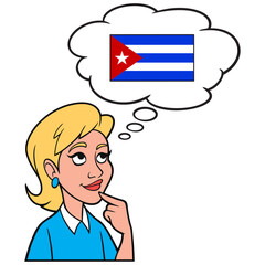 Girl thinking about Cuba - A cartoon illustration of a Girl thinking about a vacation trip to Cuba.