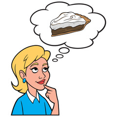 Girl thinking about Chocolate Pie - A cartoon illustration of a Girl thinking about a slice of Chocolate Pie.