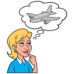 Girl thinking about a Jet Plane - A cartoon illustration of a Girl thinking about booking a flight on a Jet Plane.