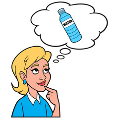 Girl thinking about Bottled Water - A cartoon illustration of a Girl thinking about drinking bottled water.