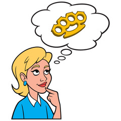 Girl thinking about Brass Knuckles - A cartoon illustration of a Girl thinking about using Brass Knuckles in a fight.