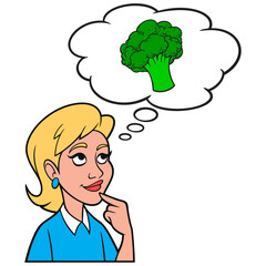 Girl thinking about eating Broccoli - A cartoon illustration of a Girl thinking about eating Broccoli for Health.