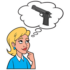 Girl thinking about purchasing a Handgun - A cartoon illustration of a Girl thinking about purchasing a Handgun for protection.