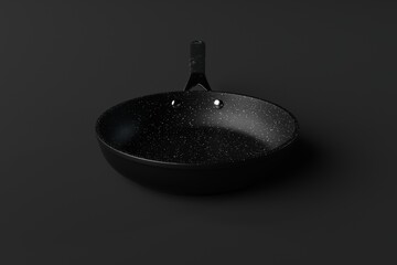 Fototapeta premium Black frying pan on a dark background. The concept of frying, cooking. Buying equipment for the kitchen, dishes. 3d render.