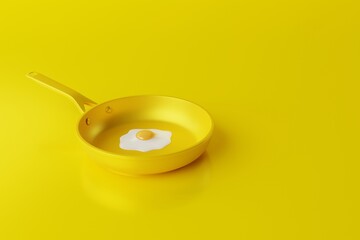 Yellow frying pan with a fried egg on a yellow background. The concept of preparing a dish with egg, frying an egg in a pan. 3d render, 3d