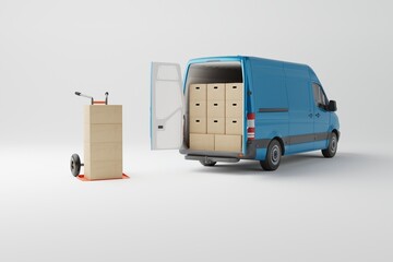 Commercial delivery blue van with cardboard boxes on white background. Delivery order service company transportation box business background with van truck. 3d rendering, 3d illustration. - obrazy, fototapety, plakaty