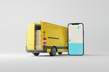 Delivery truck with cardboard boxes and a phone with a map application and route. Concept for delivering goods, using location, GPS. 3D rendering, 3D illustration.