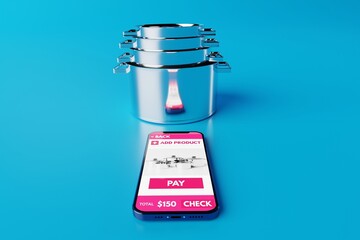 A phone with an application to buy on a background of steel pots. Online sales, e-commerce. Ordering products via the Internet. 3d rendering, 3d illustration.