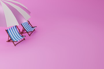 Obraz premium Sun loungers on the beach. The concept of rest by the sea, sunbathing. 3D rendering, 3D illustration.