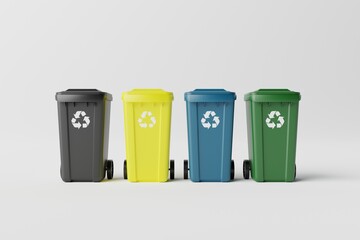Waste bins for segregation. Wastepaper basket in different colors for the sorting of paper, glass, plastic. Recycling concept, taking care of the environment. 3d rendering, 3d illustration.