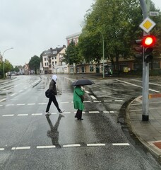 People (face not visible) in a hood and under an umbrella are crossing the road at a pedestrian crossing, a red light is on for cars, it is raining