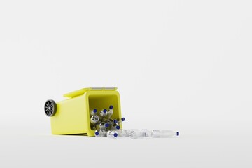 An overturned trash can with spilled plastic bottles. Concept of garbage segregation, recycling. 3d rendering, 3d illustration.