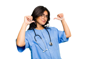 Young nurse Indian woman isolated feels proud and self confident, example to follow.