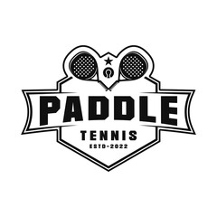 Naklejka premium Paddle Tennis emblem logo, paddle racket and ball logo icon isolated on white background.