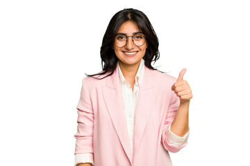 Young Indian business woman wearing a pink suit isolated smiling and raising thumb up