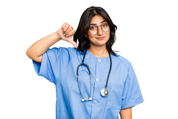 Young nurse Indian woman isolated showing a dislike gesture, thumbs down. Disagreement concept.
