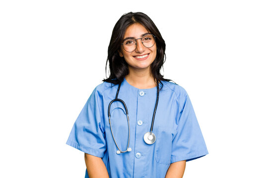 Young nurse Indian woman isolated happy, smiling and cheerful.