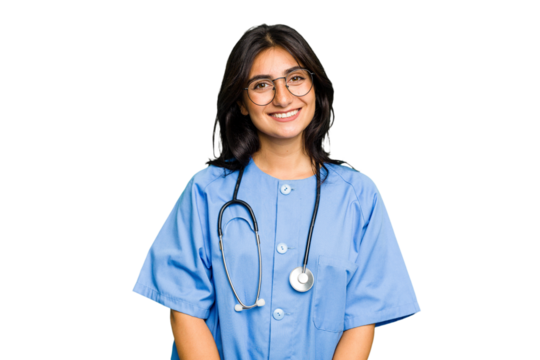 Young nurse Indian woman isolated happy, smiling and cheerful. - Powered by Adobe