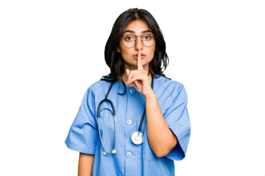 Young nurse Indian woman isolated keeping a secret or asking for silence.