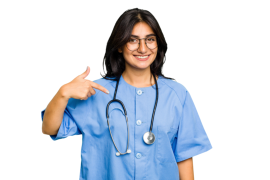 Young nurse Indian woman isolated person pointing by hand to a shirt copy space, proud and confident