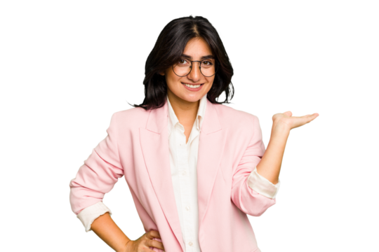 Young Indian business woman wearing a pink suit isolated showing a copy space on a palm and holding another hand on waist.