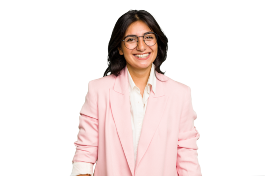 Young Indian business woman wearing a pink suit isolated happy, smiling and cheerful.