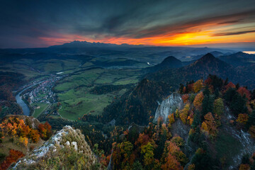 A beautiful sunset in the Pieniny Mountains with a view of the Tatra Mountains at autumn. Poland