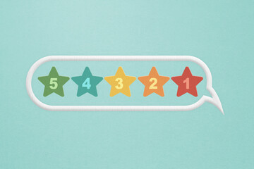 multi color rating stars with number evaluation paper cut in white speech bubble on grunge background for customer review, quality service or feedback concept