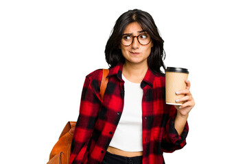 Young student Indian woman holding a take away coffee isolated confused, feels doubtful and unsure.