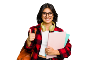 Young student Indian woman wearing headphones isolated smiling and raising thumb up
