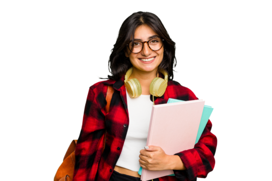 Young student Indian woman wearing headphones isolated happy, smiling and cheerful.