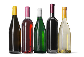 Wine bottles in row isolated on white background