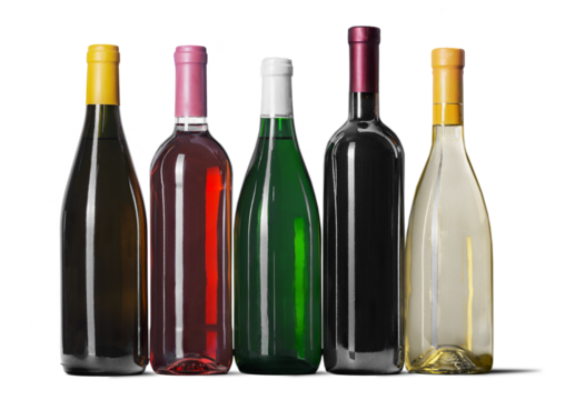 Wine bottles in row isolated on white background