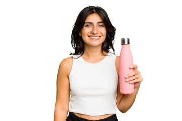 Young Indian woman holding a thermo isolated happy, smiling and cheerful.