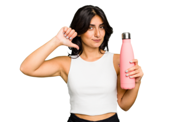 Young Indian woman holding a thermo isolated feels proud and self confident, example to follow.