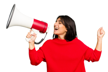 Young Indian woman holding a megaphone isolated