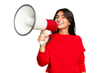 Young Indian woman holding a megaphone isolated