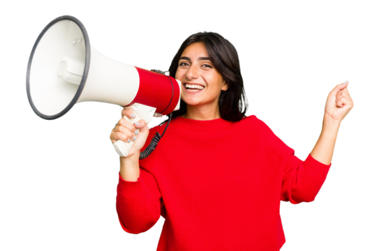 Young Indian woman holding a megaphone isolated