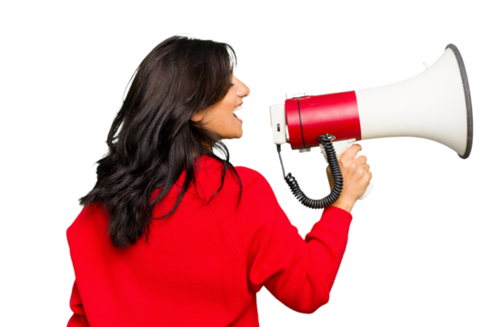 Young Indian woman holding a megaphone isolated
