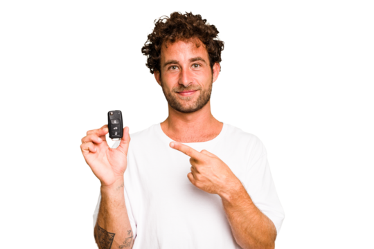 Young caucasian man holding car keys isolated smiling and pointing aside, showing something at blank space.