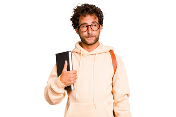 Young caucasian student man isolated confused, feels doubtful and unsure.