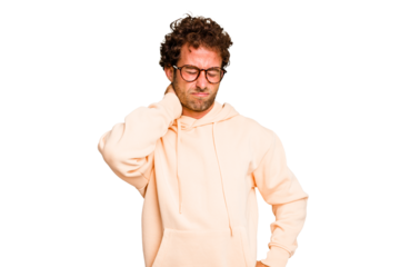 Young caucasian curly hair man isolated Young caucasian man with curly hair isolated having a neck pain due to stress, massaging and touching it with hand.