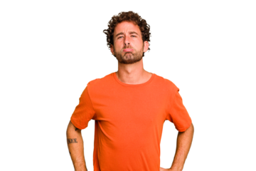 Young caucasian curly hair man isolated Young caucasian man with curly hair isolated sad, serious face, feeling miserable and displeased.