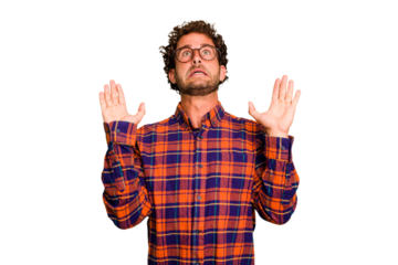 Young caucasian curly hair man isolated Young caucasian man with curly hair isolated screaming to the sky, looking up, frustrated.