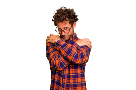 Young caucasian curly hair man isolated Young caucasian man with curly hair isolated hugs, smiling carefree and happy.