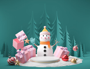 Christmas holiday background Scene with empty podium display, snowman in pastel color, 3d rendering.