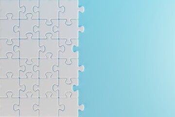 Puzzles stacked on one side on a blue background. Concept of completing the steps, success. 3D render, 3D illustration.