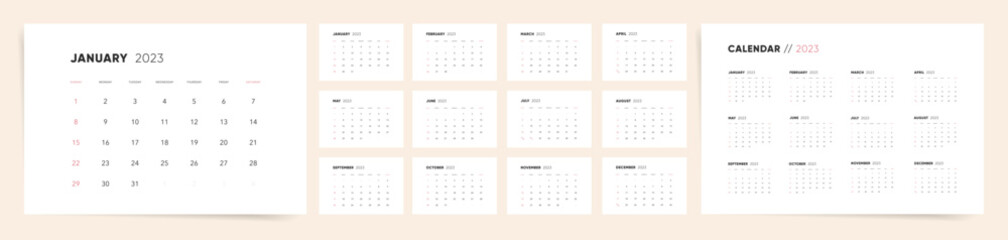 Calendar 2023. Calendar 2023 week starts Sunday. Set of ready to print monthly pages. Corporate minimal clean design 2023 calendar. 