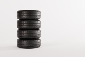 Fototapeta na wymiar Tires on a light background. Tire change concept, vulcanization. Seasonal wheel change. 3d render, 3d illustration.