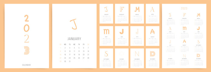 2023 minimal creative calendar template. Week starts on Sunday. Plain and clean design, ready to print 2023 calendar with modern typography letters design. Vector annual set template.	